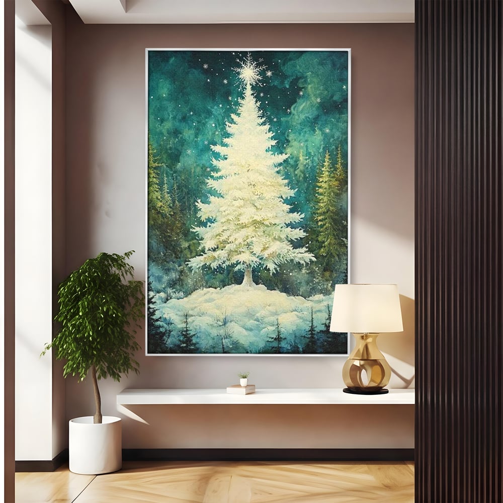 Tablou canvas cu pictura cu brad alb inzapezit, in rama de aluminiu argintiu
